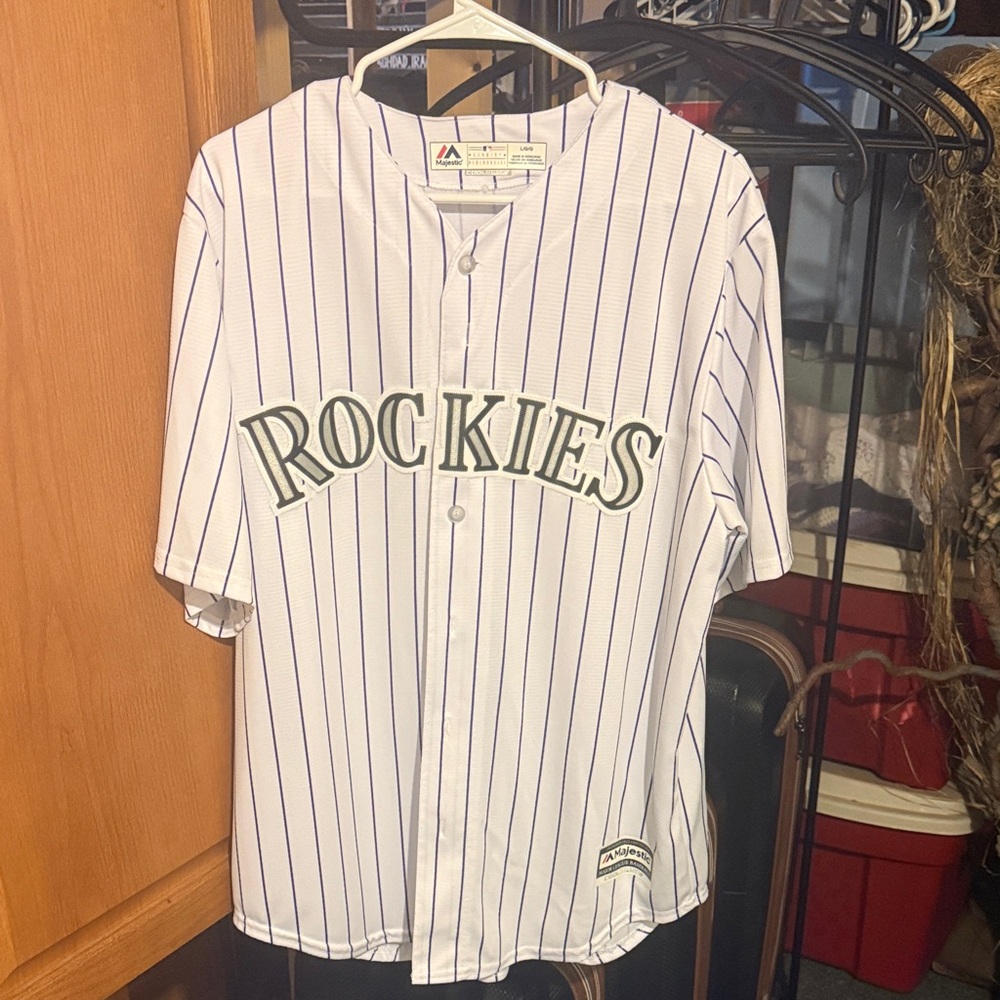 Majestic Rockies Arenado Pinstripe Baseball Jersey - White & Purple